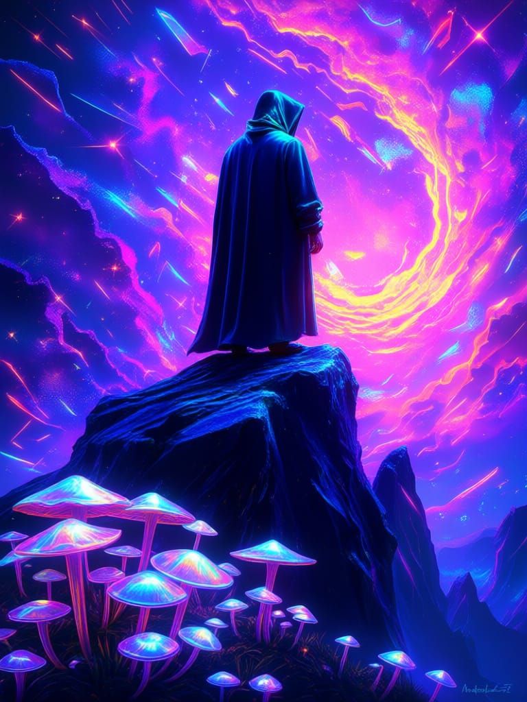 Cloaked Figure on Crystalline Cliff Overlooking Amethyst Neb...