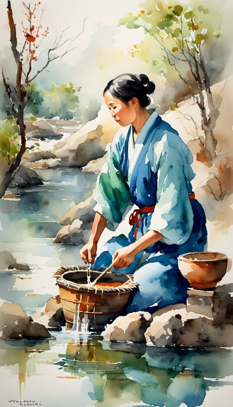 Ancient Chinese Water Purification in Watercolor Style