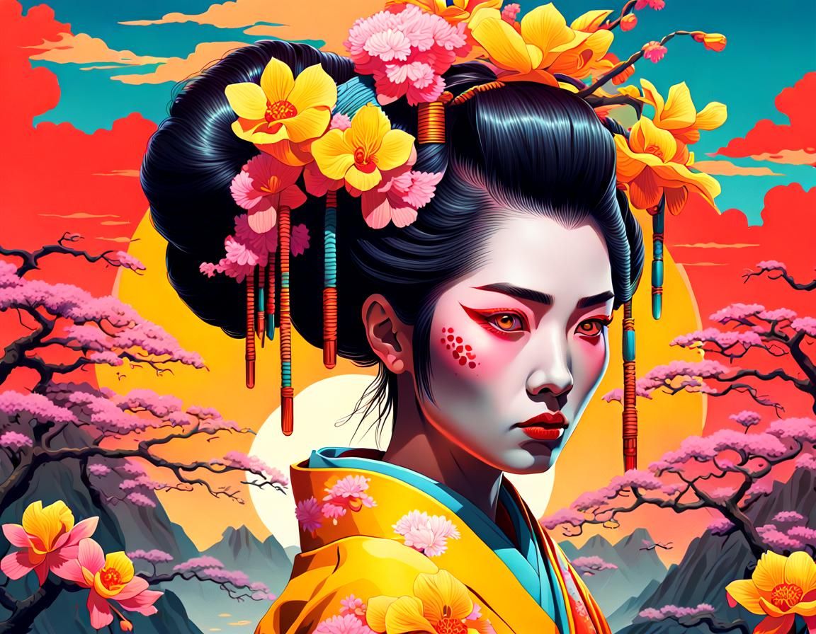 Geisha Warrior with Glowing Eyes in Dark Fantasy Style