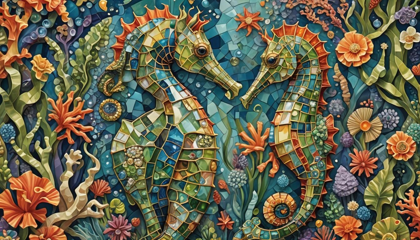 Vibrant Seahorse Swimming Among Cubist Jewels