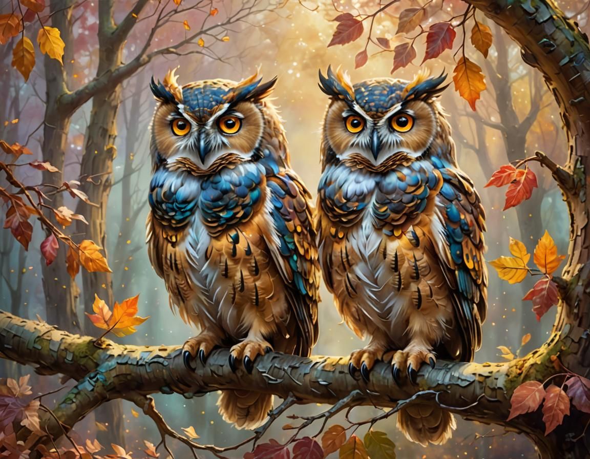 Colorful Owls in Autumn Fantasy, Kinkade Style