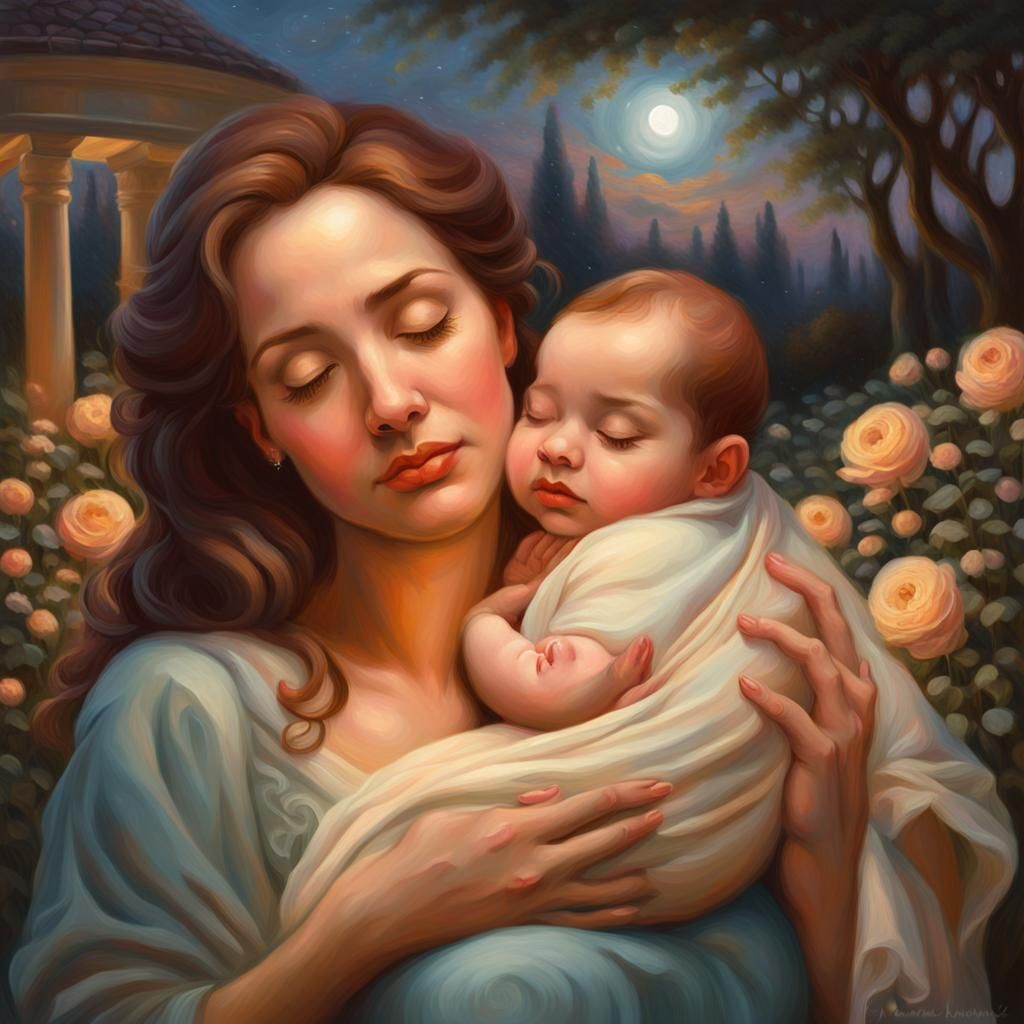Loving Mother and Child in Moonlit Garden