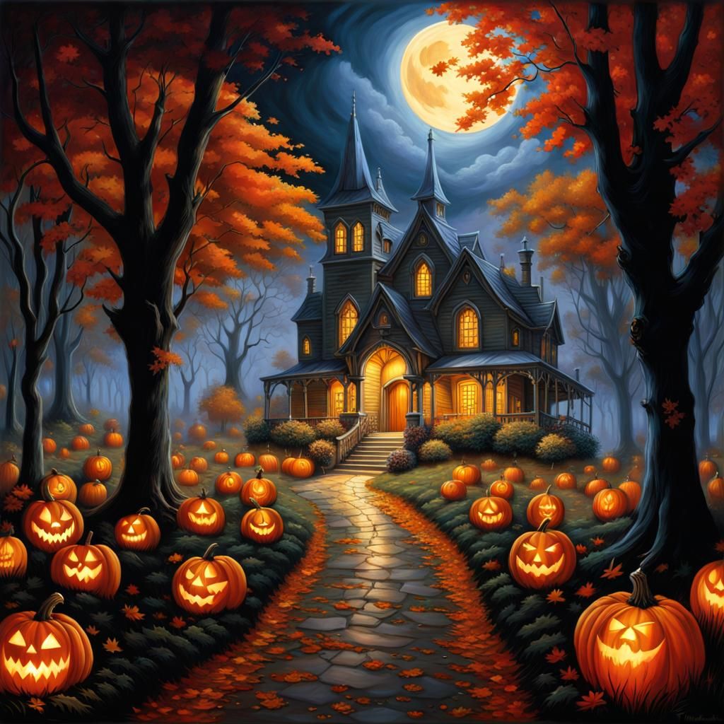 Eerie Graveyard Scene with Ghosts and Pumpkins