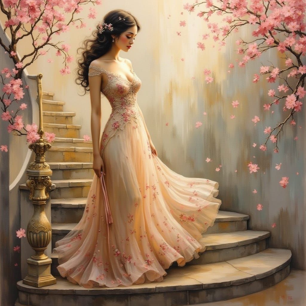 Elegant Woman Descending Stairs in Impressionist Style
