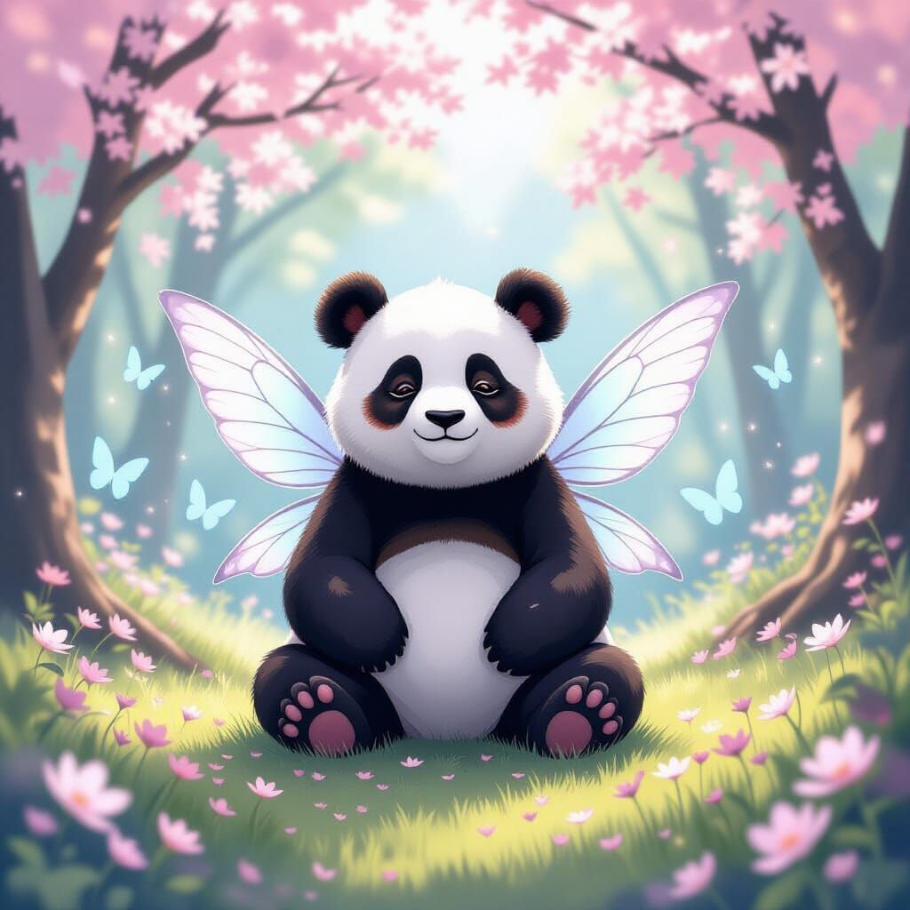 Panda Meditating with Fairy Wings in Cherry Blossom Forest