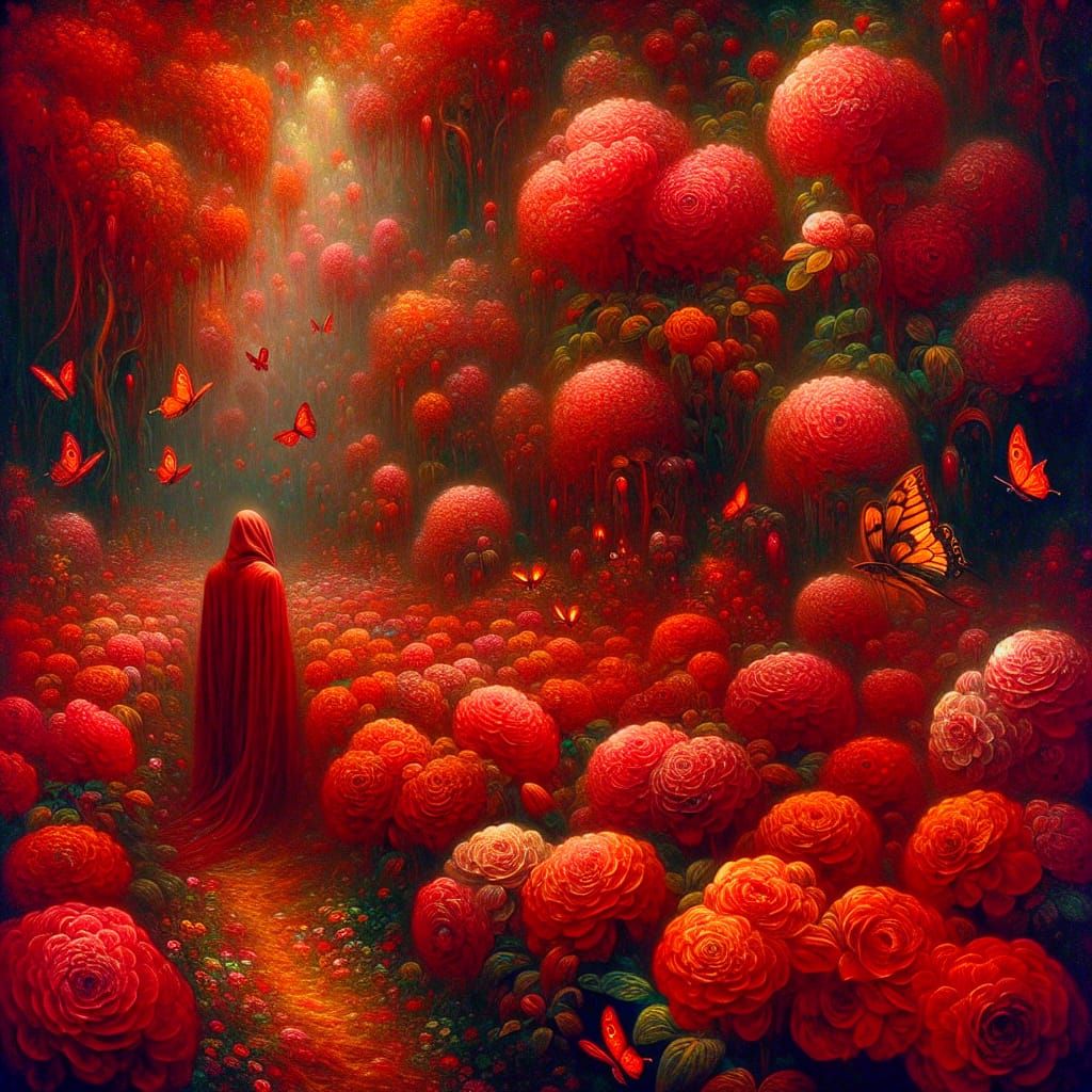 Ethereal Red Garden with Cloaked Figure, in Surrealist Style