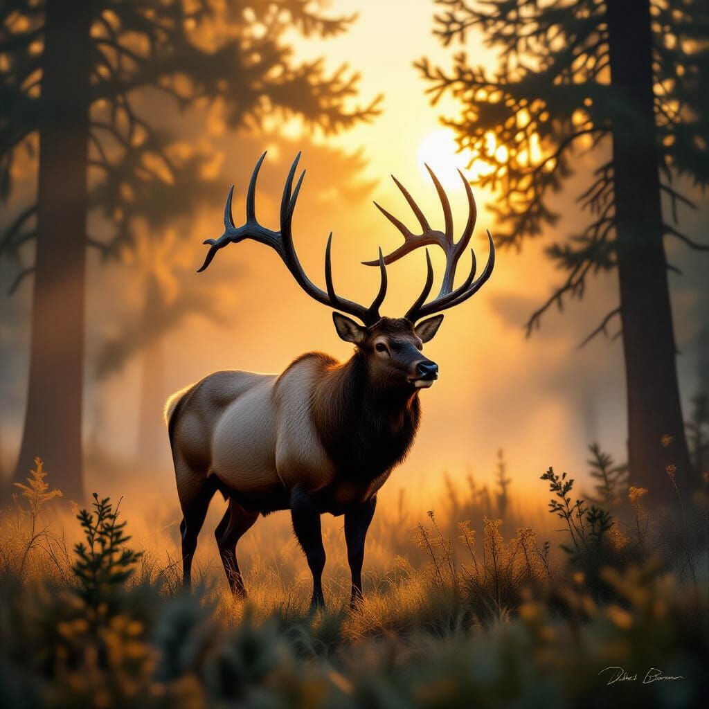 Majestic Bull Elk in Misty Forest Sunrise