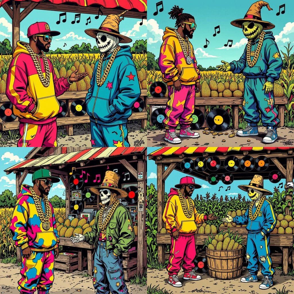 Rapper Haggles with Scarecrow Over Corn in Comic Style