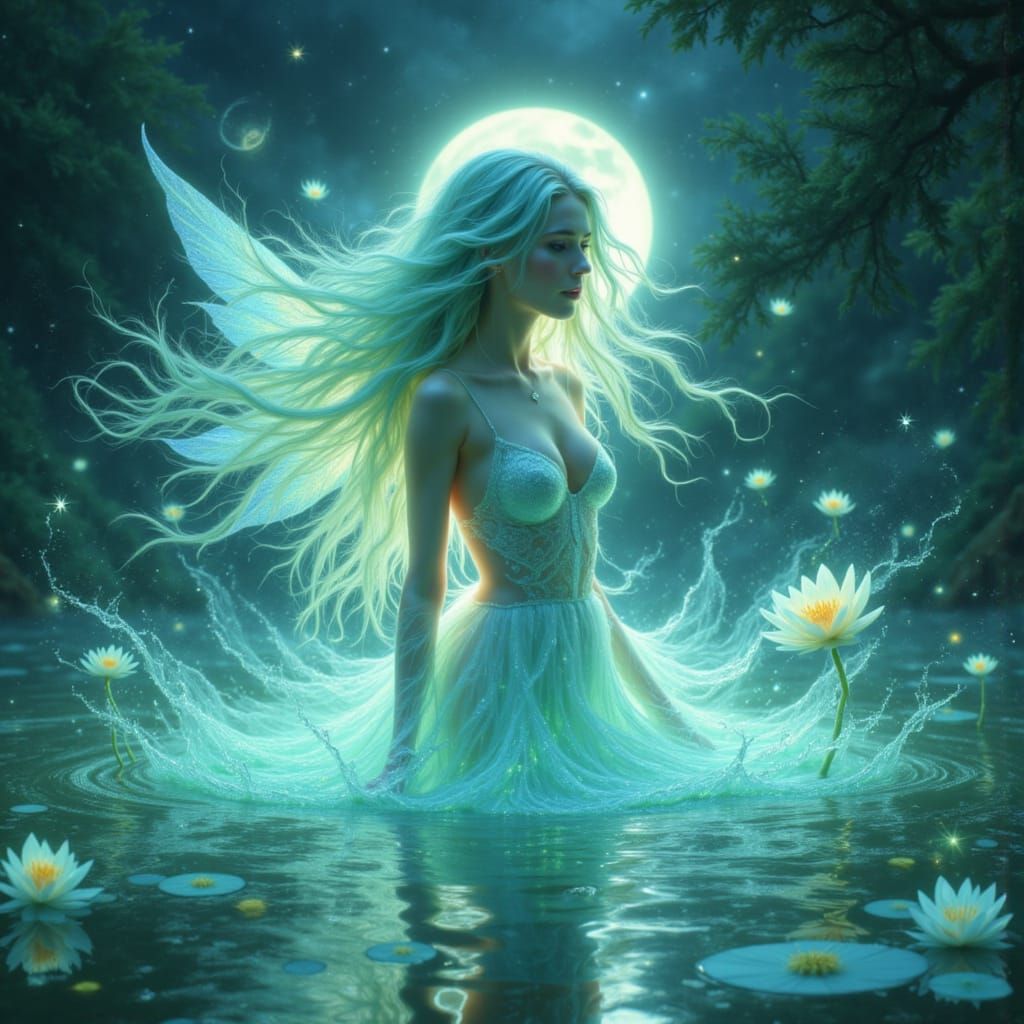 Ethereal Water Fairy Emerging from Moonlit Lake