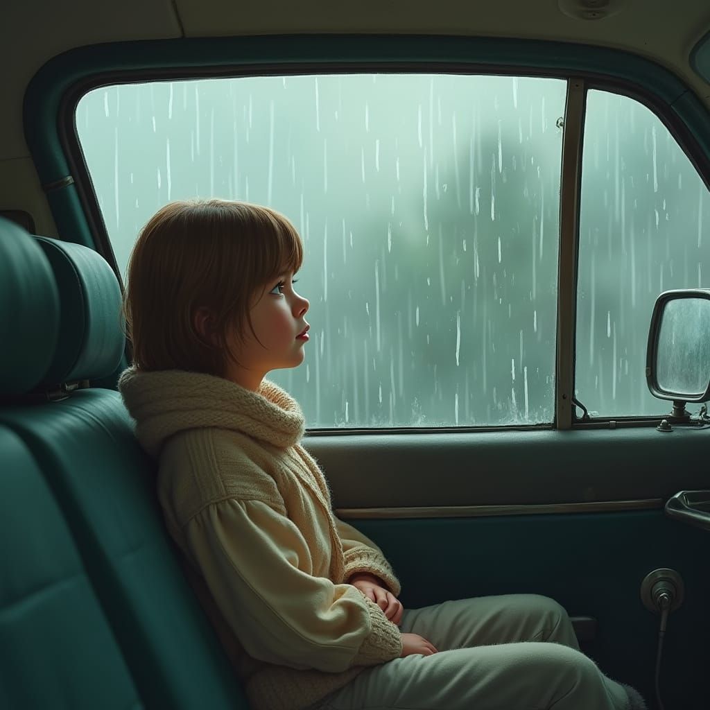 Dreamy Daughter Gazing Out at Rainy Day