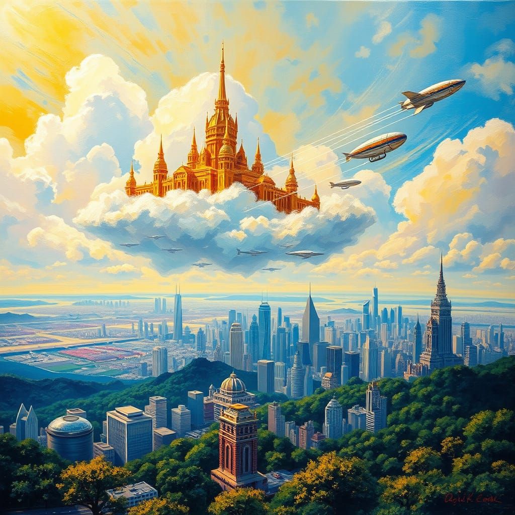 Ethereal Metropolis in Golden Splendor, Hovering Above a Shi...