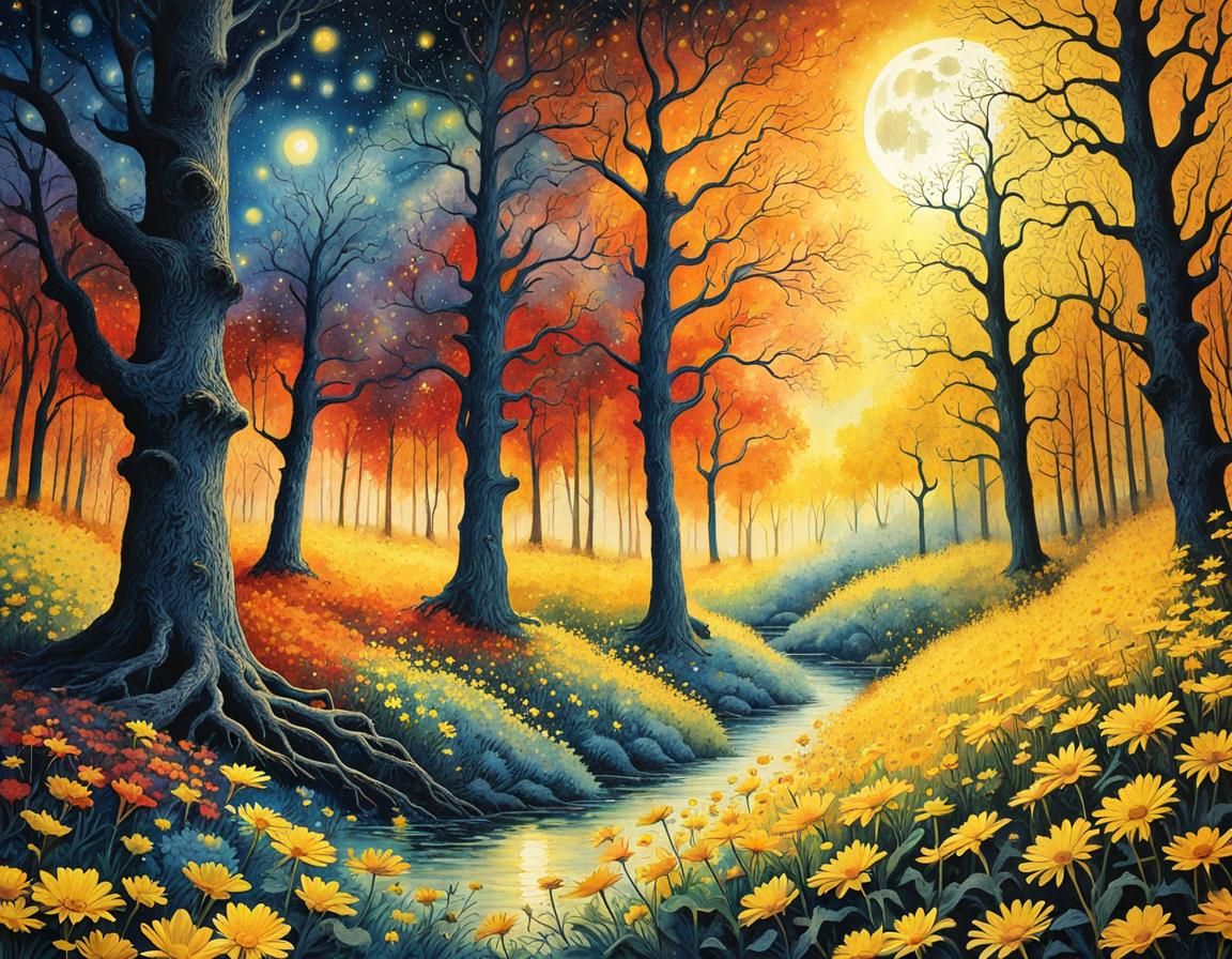 Watercolor Forest with Daisies and Stars