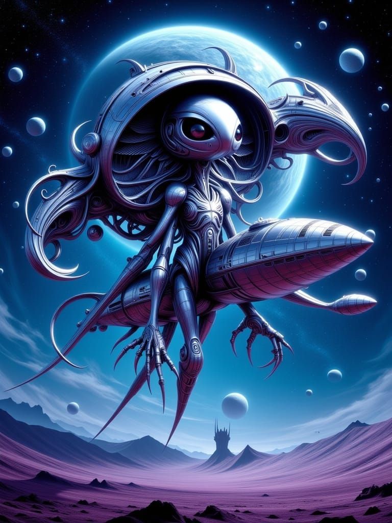 Surreal Alien Emerges From Spaceship in Cosmic Art Style