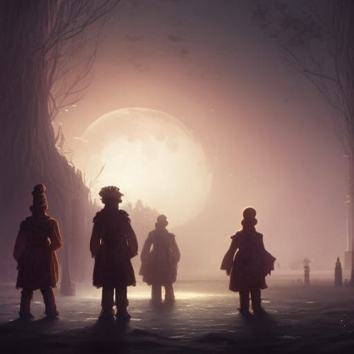 Gingerbread Men in Dark Lunar Landscape, Dark Fantasy Art