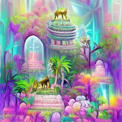 Psychedelic Jungle Temple with Iridescent Animals
