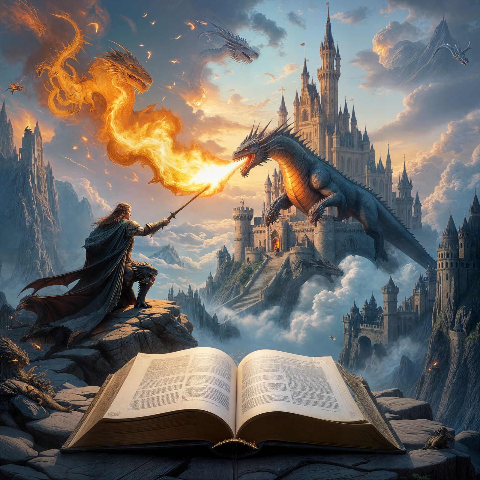 Fantasy Book Opens to Dragon Rider and Fire-Breathing Creatu...