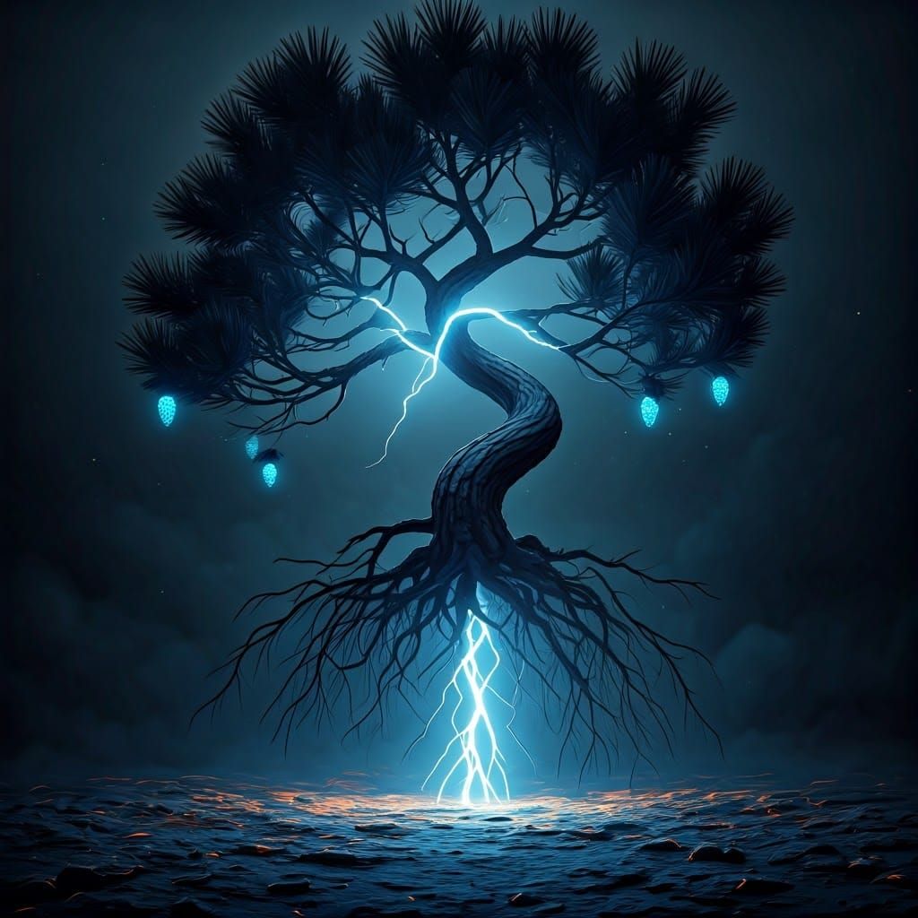 Electric Storm Tree Suspended in Dark, Misty Landscape