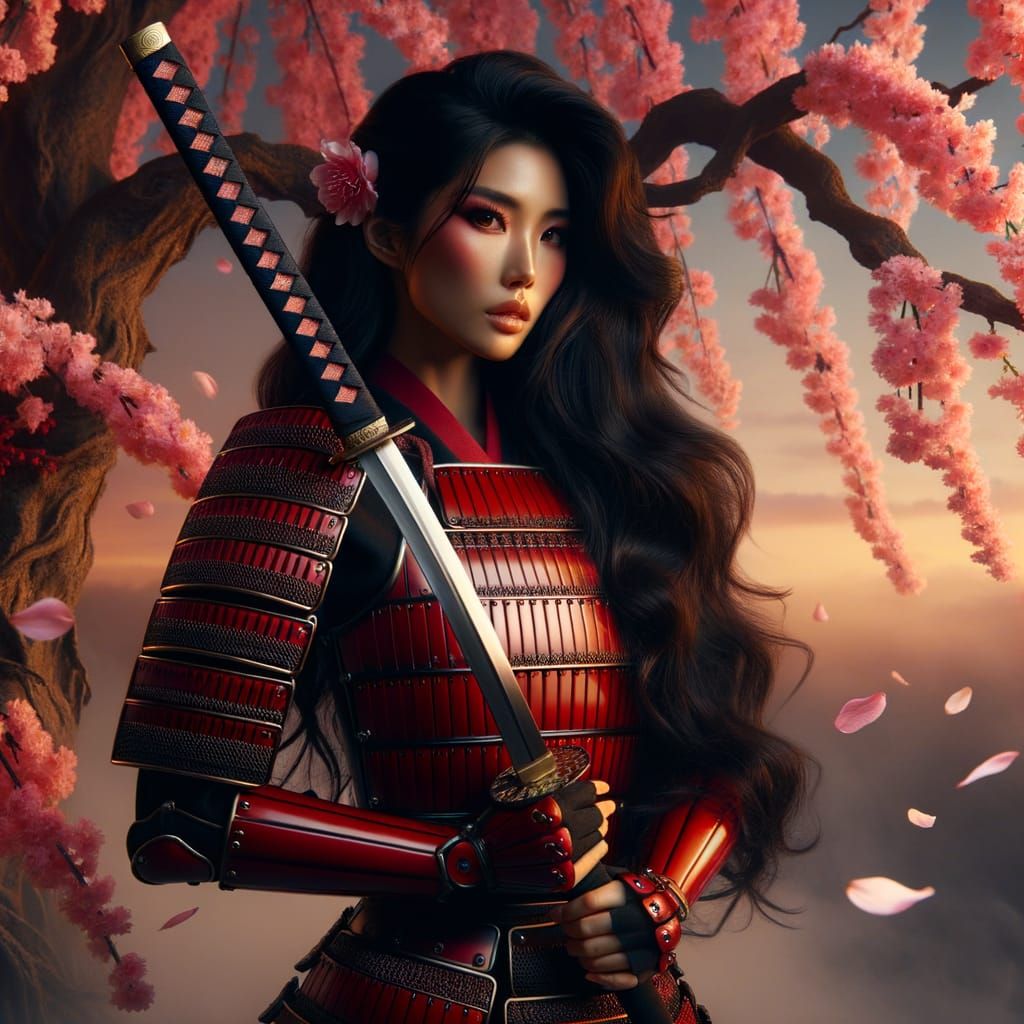 Empowered Female Samurai in Sakura Bloom