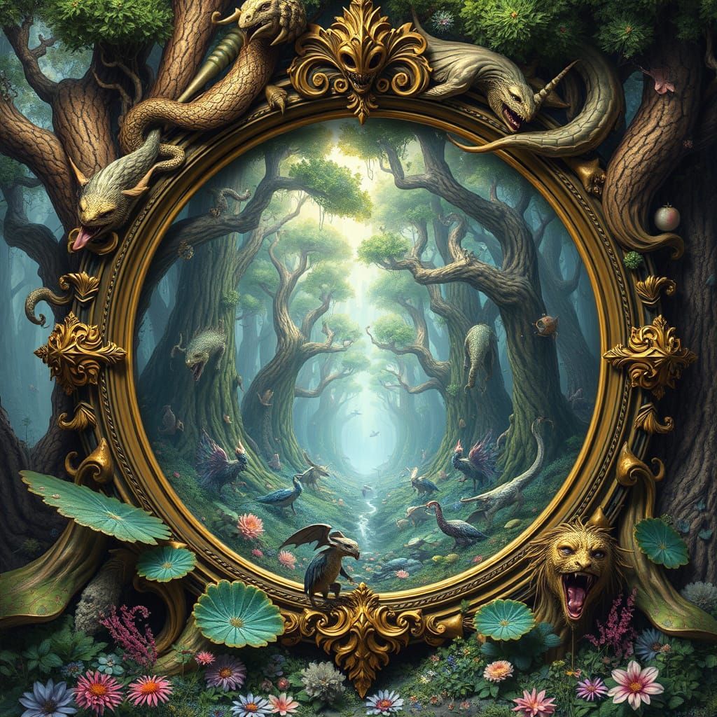 Ornate Mirror Reflecting a Mythical Forest in Surreal Style