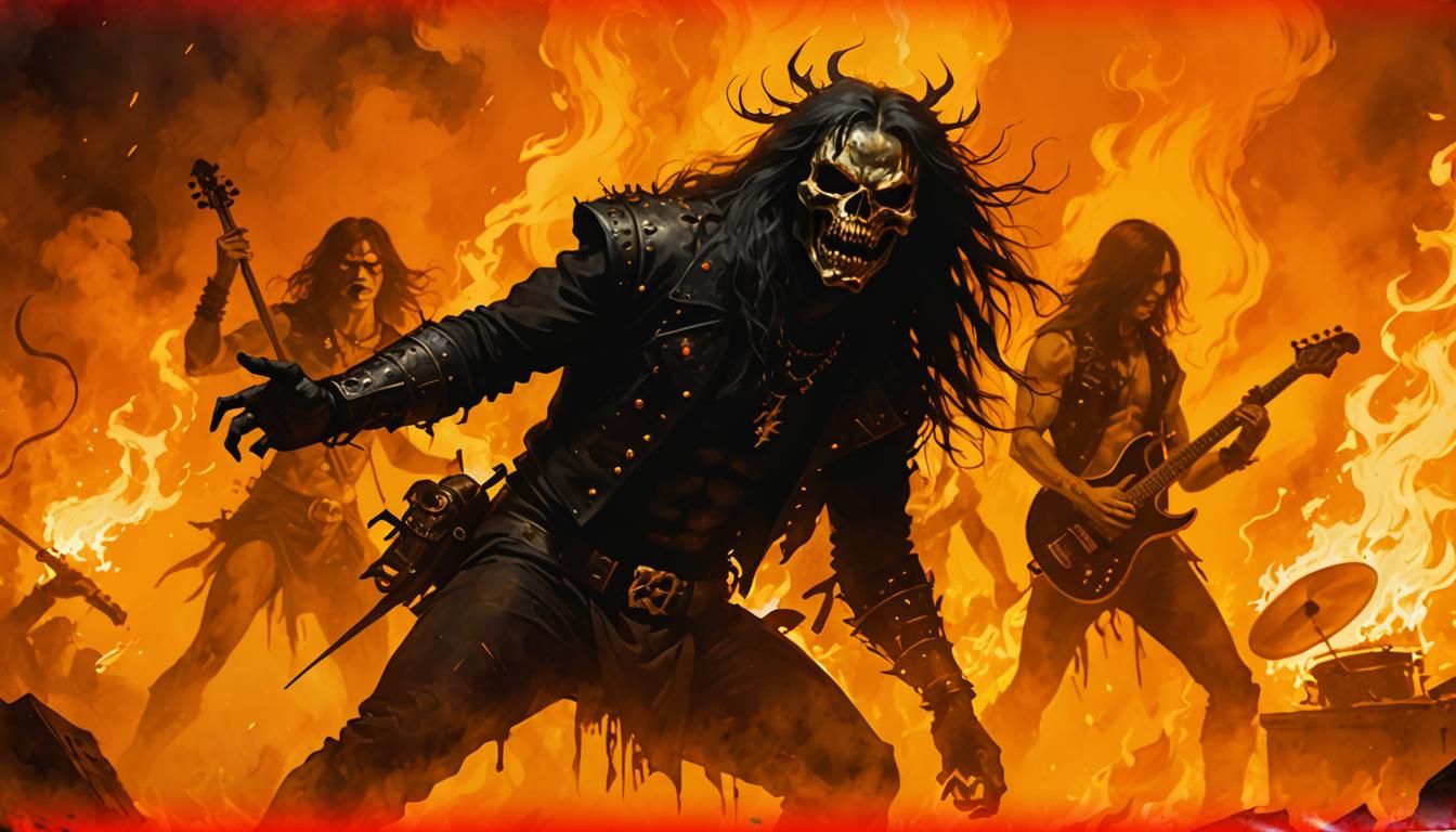 Black Metal Band on Stage: A Dark Fantasy Illustration