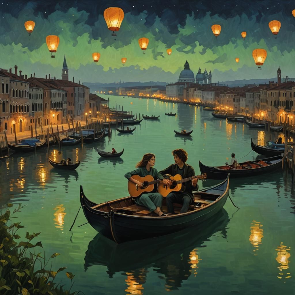 Venice Night Scene in Post-Impressionist Style