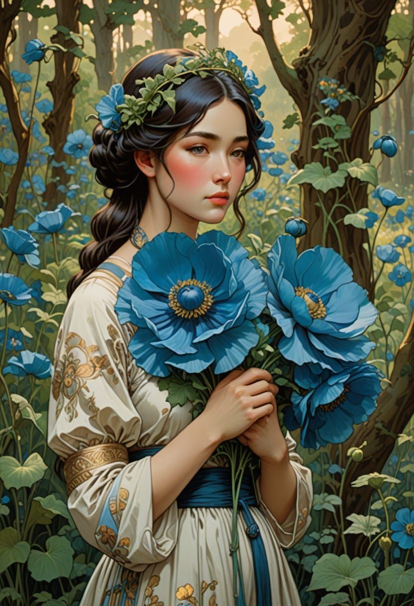 Young Woman Finds Solace in Vibrant Poppies Amidst Whimsical...