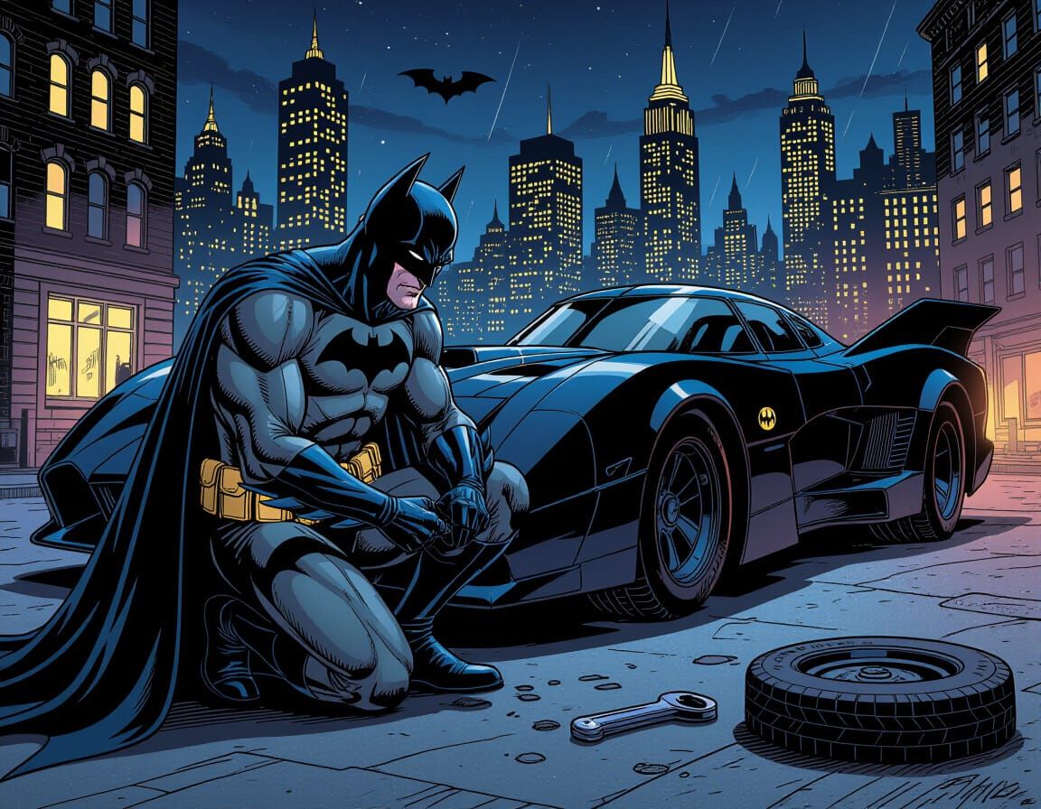 Batman Changing Tire on Batmobile in Gotham, Comic Art
