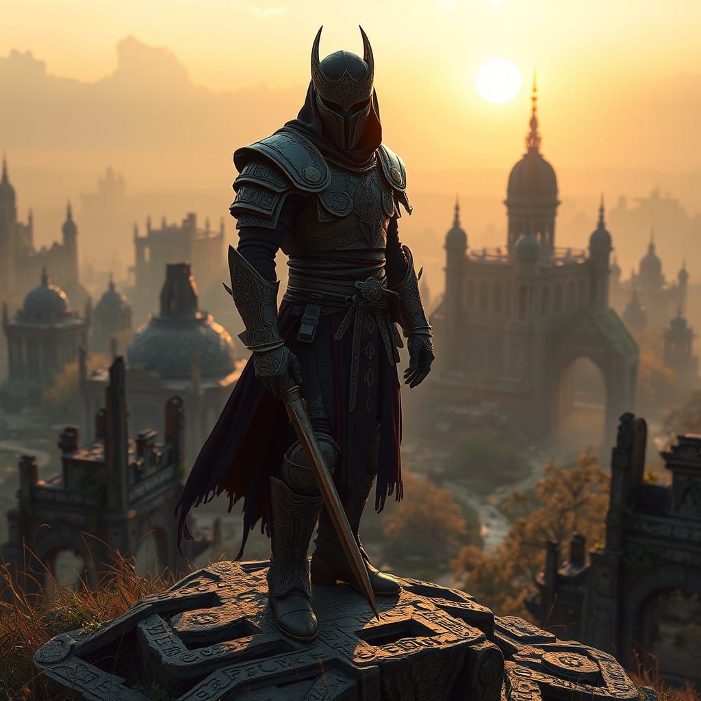 Mystical Warrior Guards Forgotten City in Golden Twilight