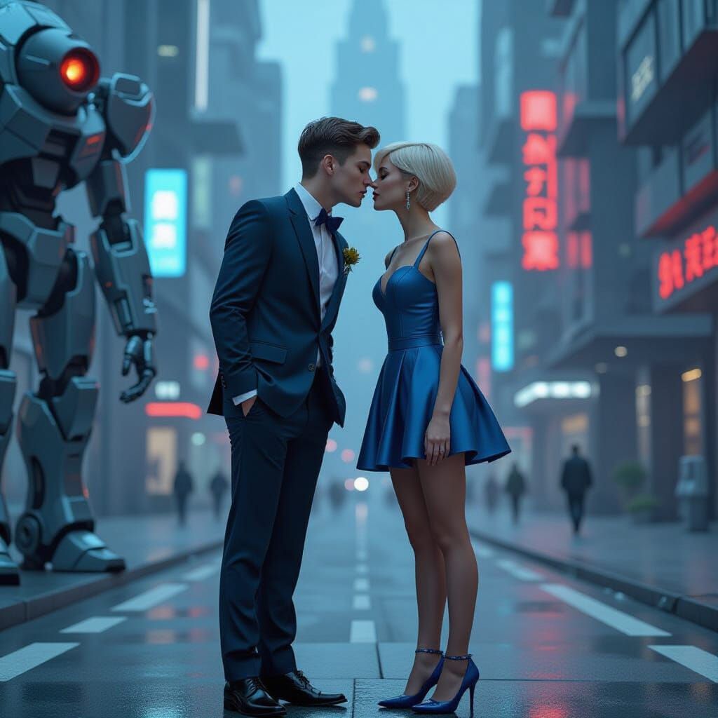 Tomboy Woman Kisses Androgynous Man in Cyberpunk City
