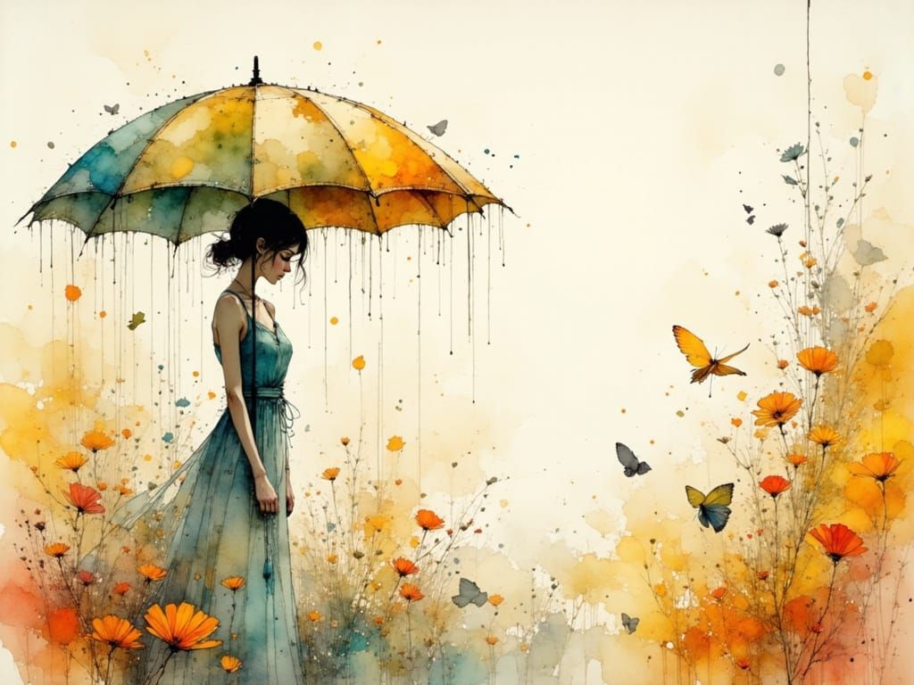 Rain-Soaked Umbrella in Whimsical Watercolor Style