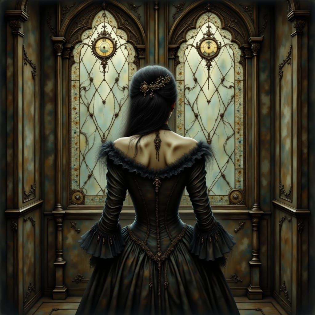 Elegant Figure Gazing Through Antique Window