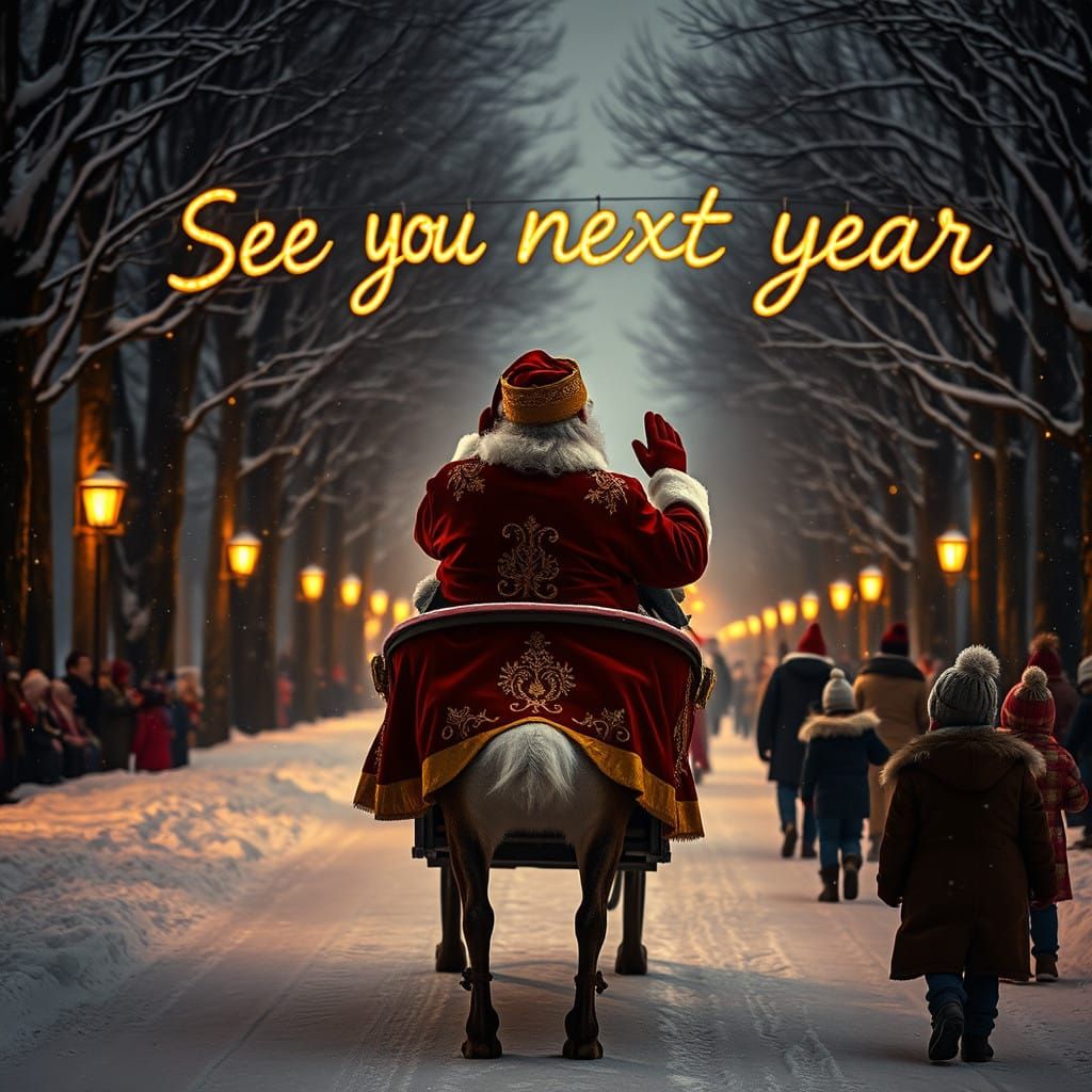 Santa's Majestic Departure in Crimson Velvet Coat