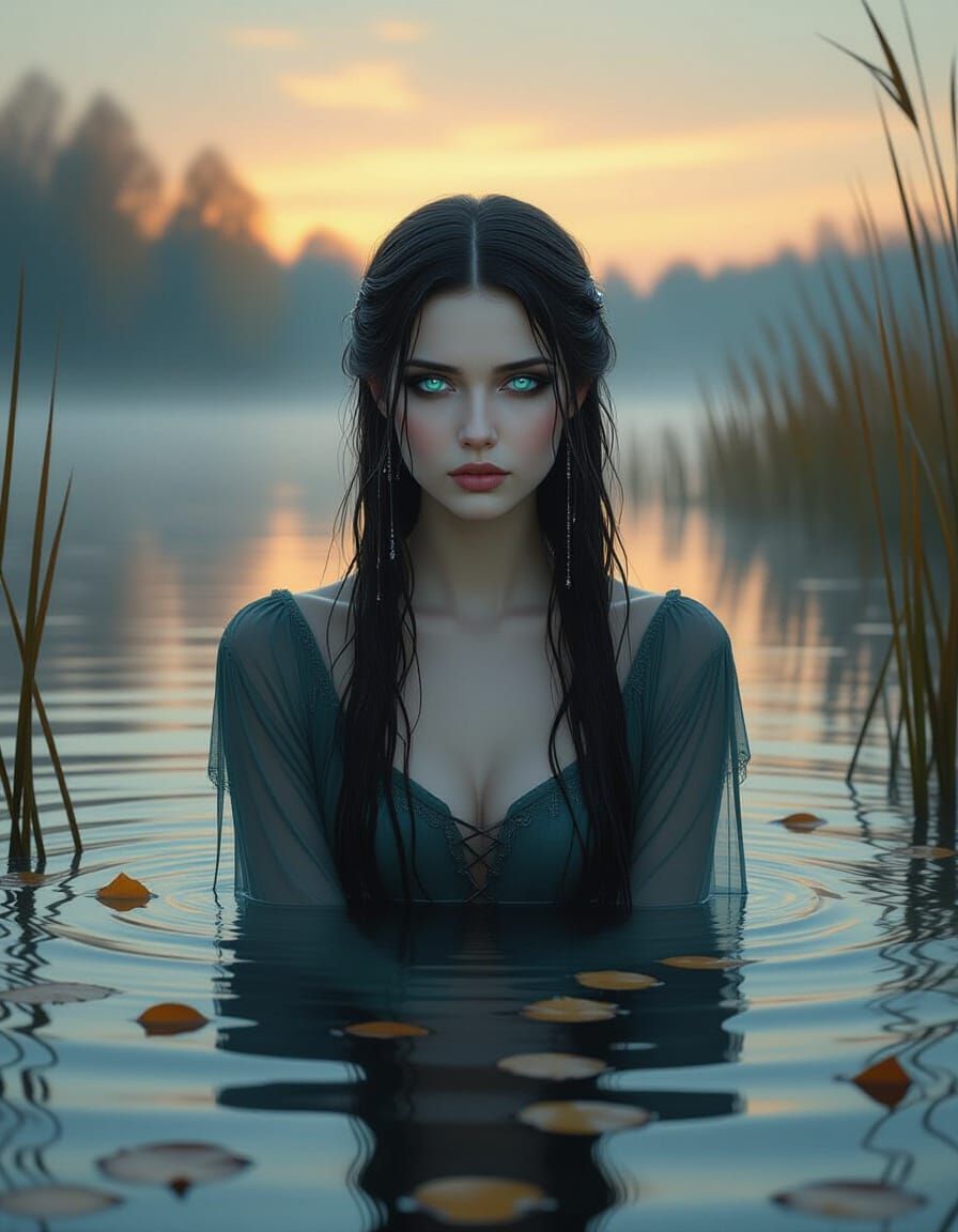 Surreal Slavic Myth Portrait: Drowned Spirit Rises from Mist...