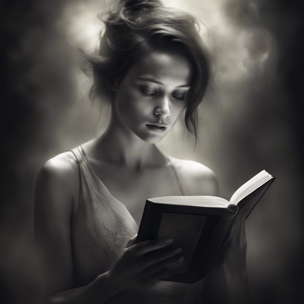 Thoughtful Girl Reading: Black and White Portrait