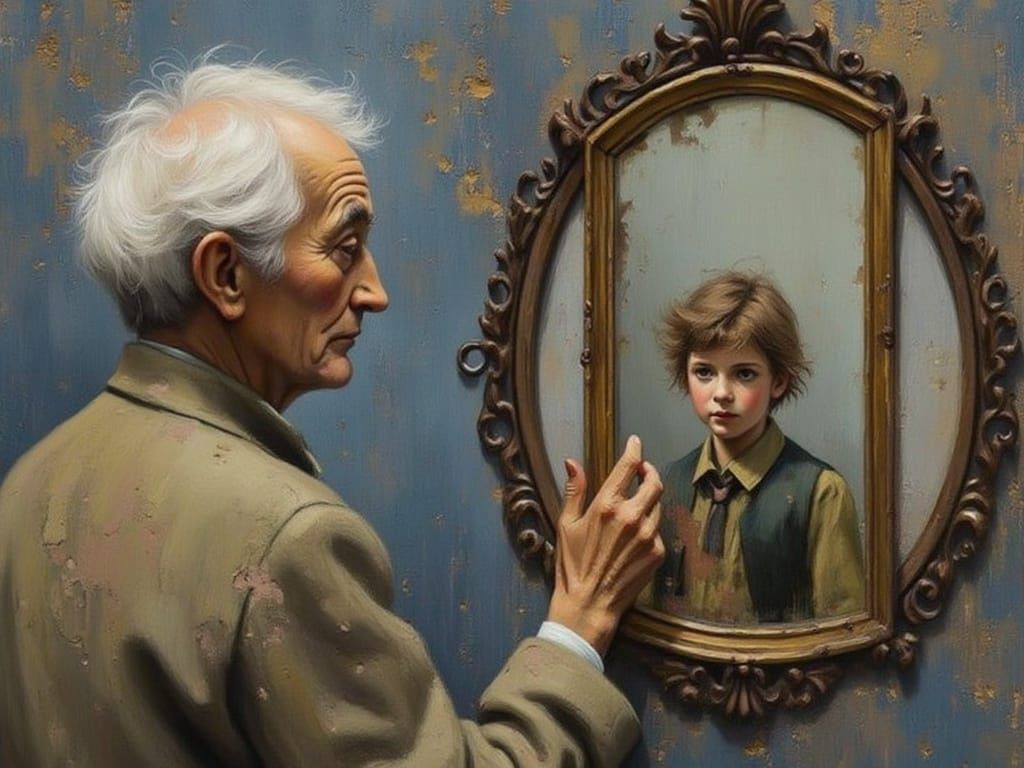 Elderly Man Contemplates Youthful Reflection in Distressed M...