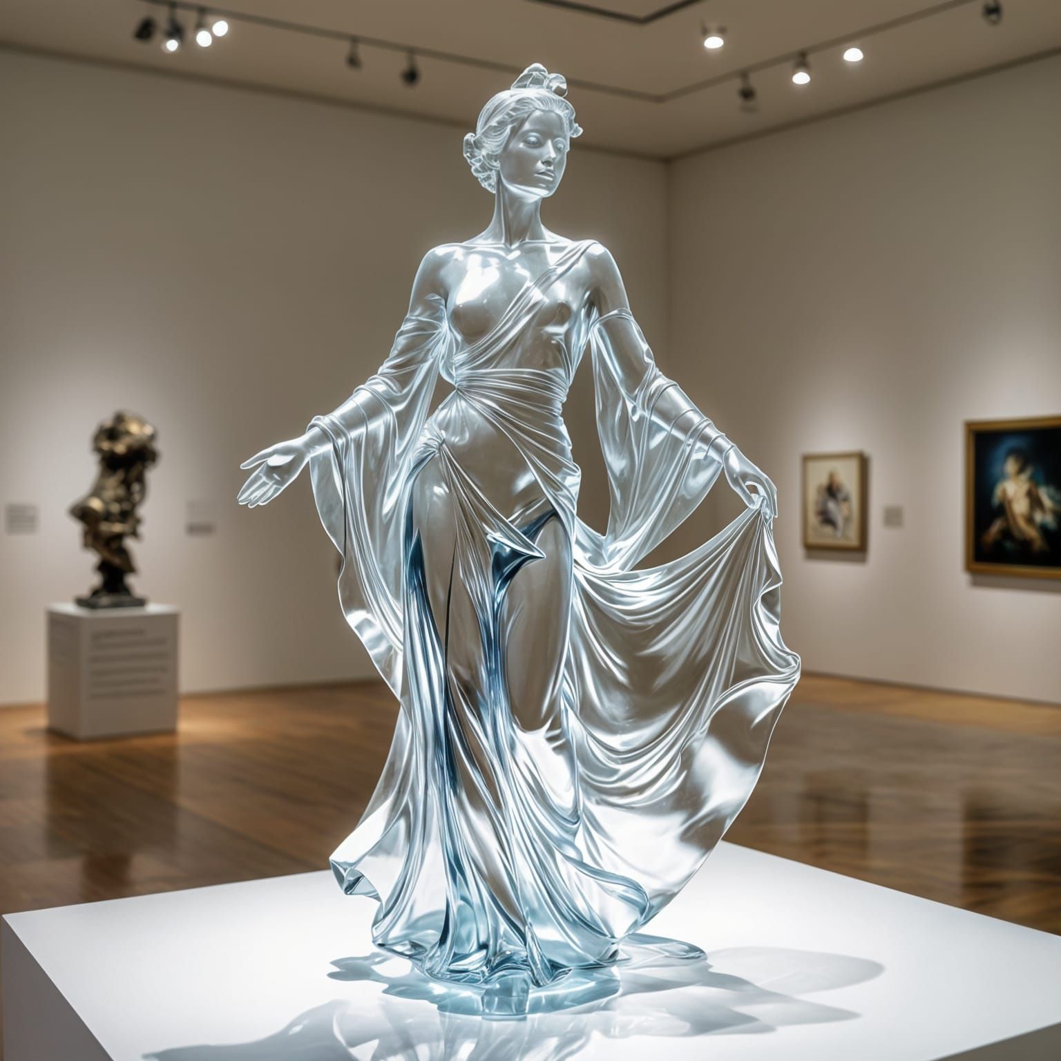 Glass Sculpture of Woman in Flowing Robes at Museum