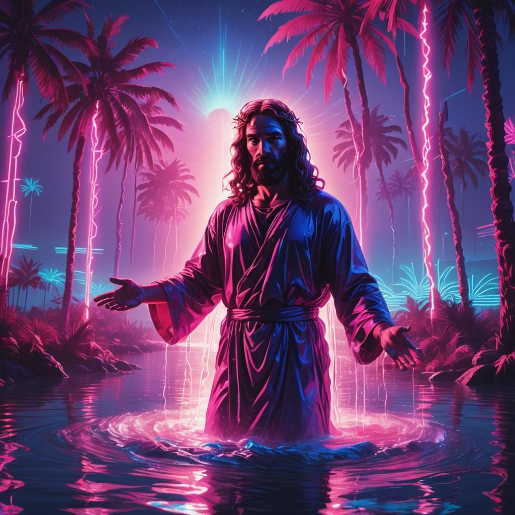 Jesus Baptized in Electric River: Synthwave Neon Scene