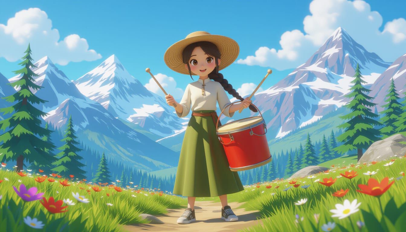Cartoon Girl Drummers on Mountain Path in Anime Style