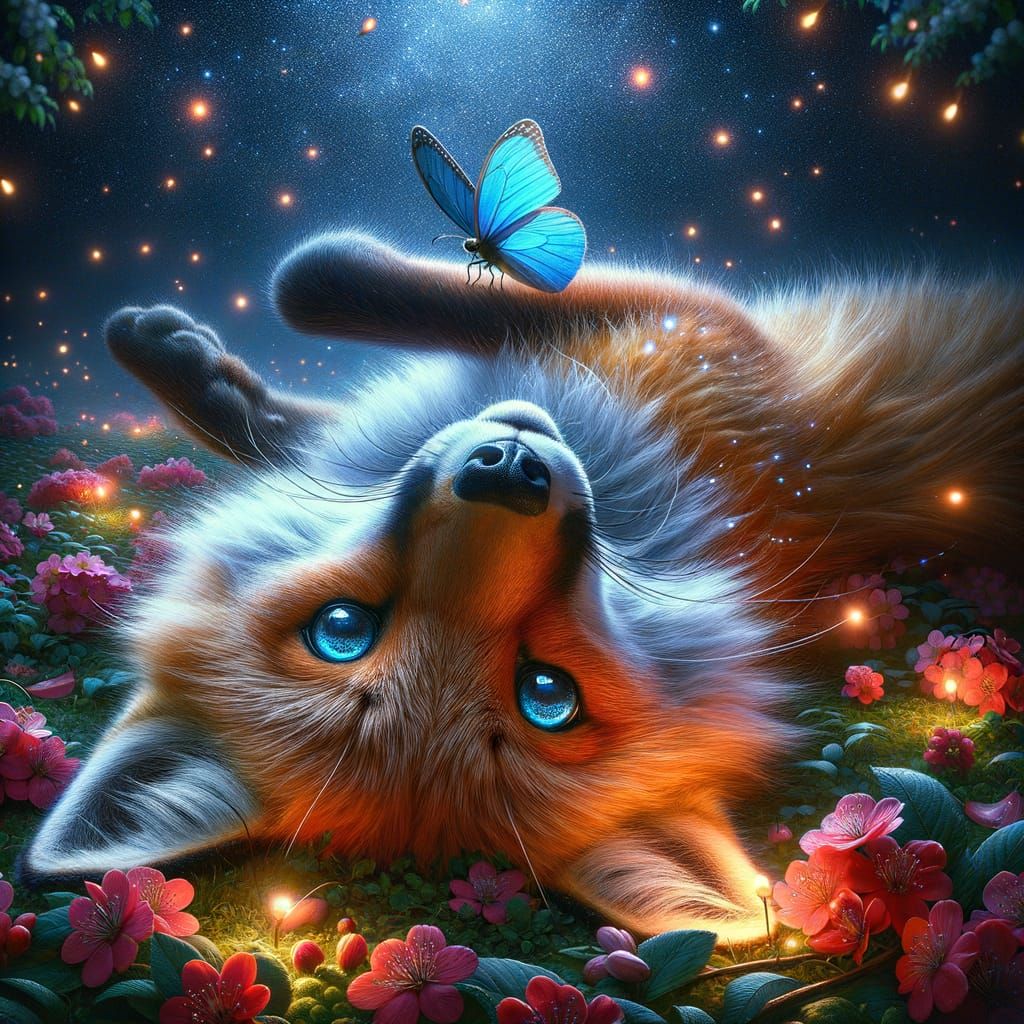 Red Fox and Butterfly in Moonlight Garden