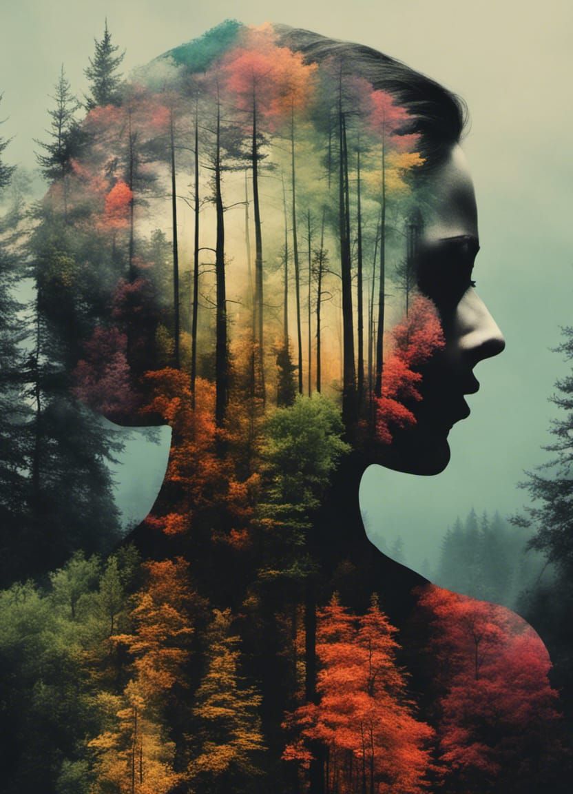 Double Exposure: Forest and Woman Silhouette