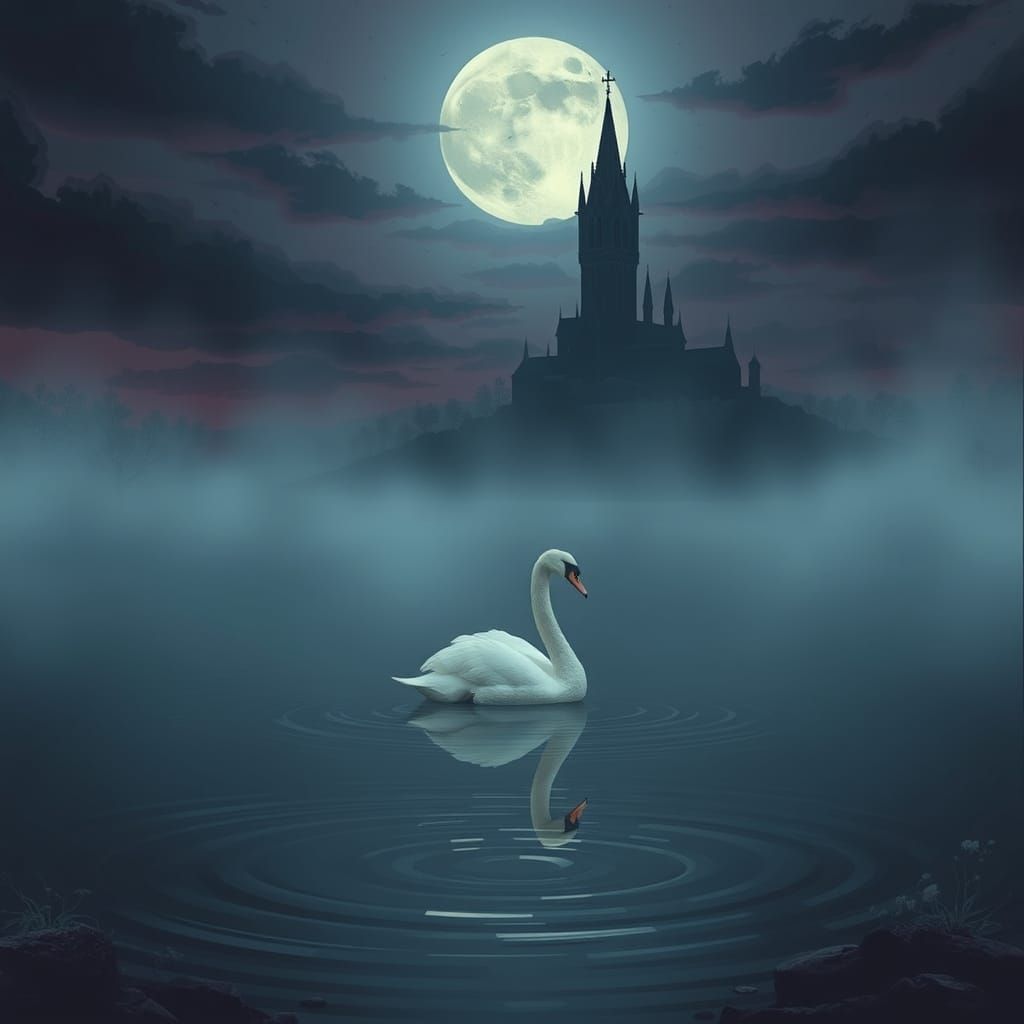 Surreal Swan on Moonlit Lake Before Gothic Castle