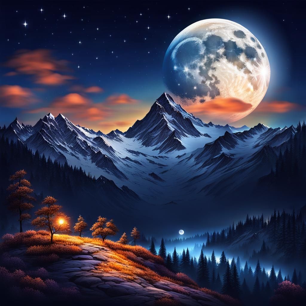 Night Mountain Scene Under a Bright Moon