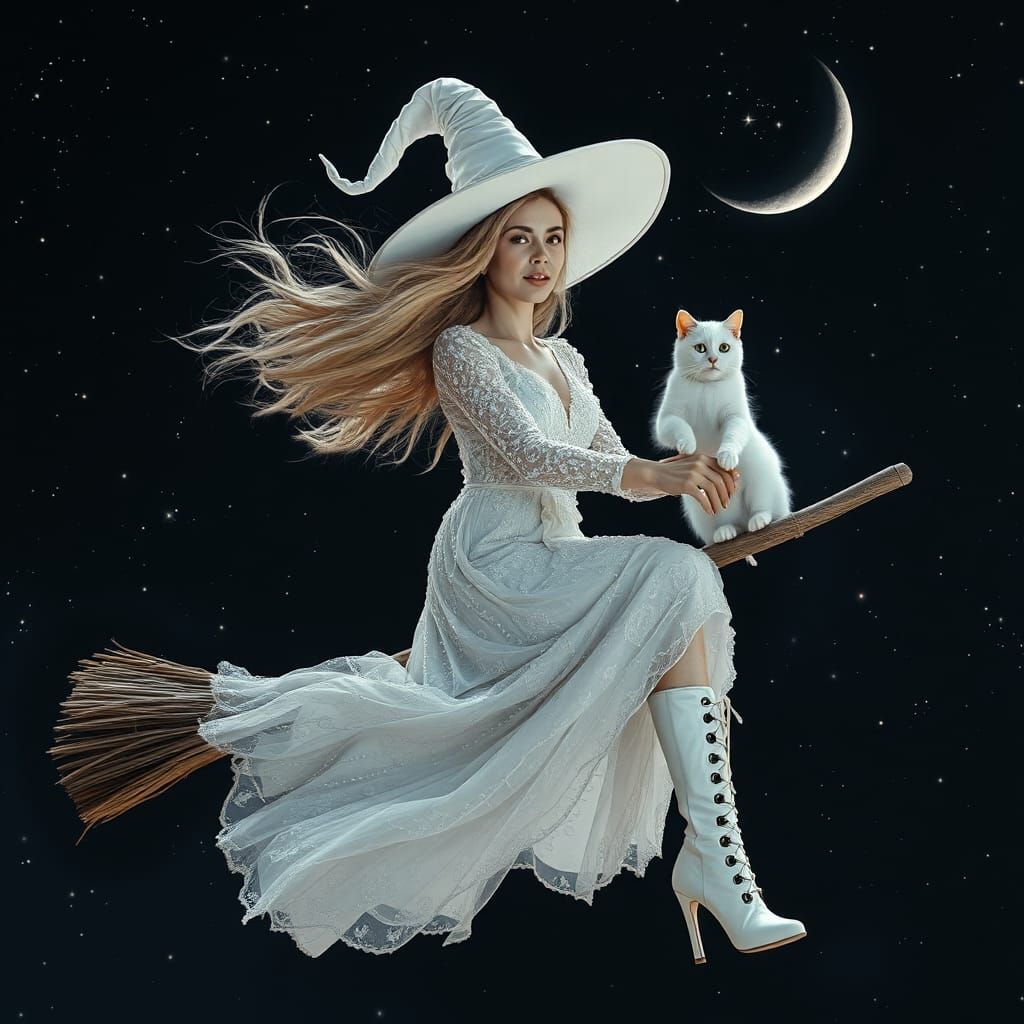 White Witch Rides Broom on Starry Night