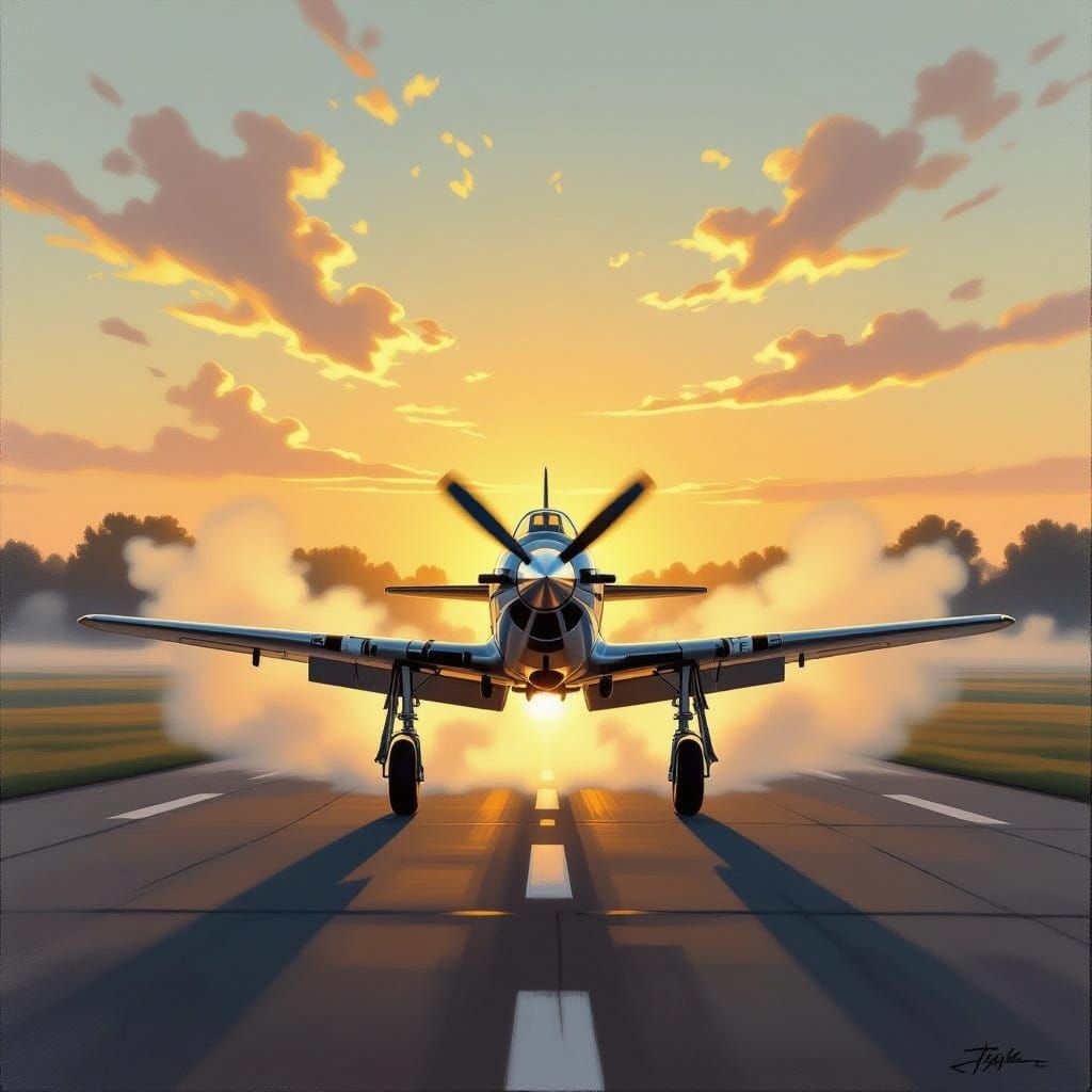 P-51 Mustang Takeoff at Dawn Oil Painting