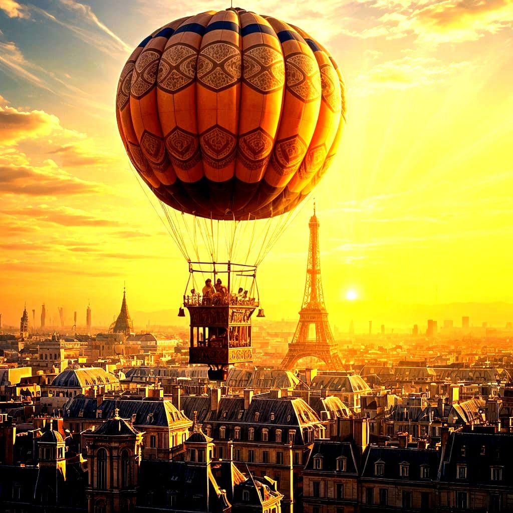 Epic Sunrise Hot Air Balloon Over 19th Century Paris in Digi...