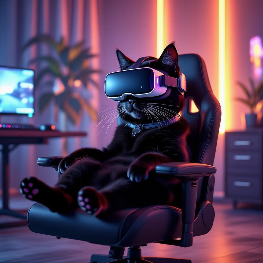 Futuristic Cat Gamer in VR Goggles: Digital Art