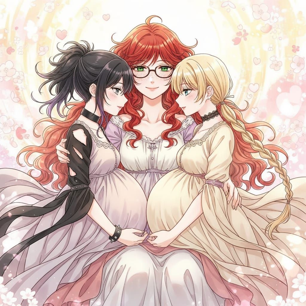 Shoujo Anime Style: Woman Between Pregnant Wives