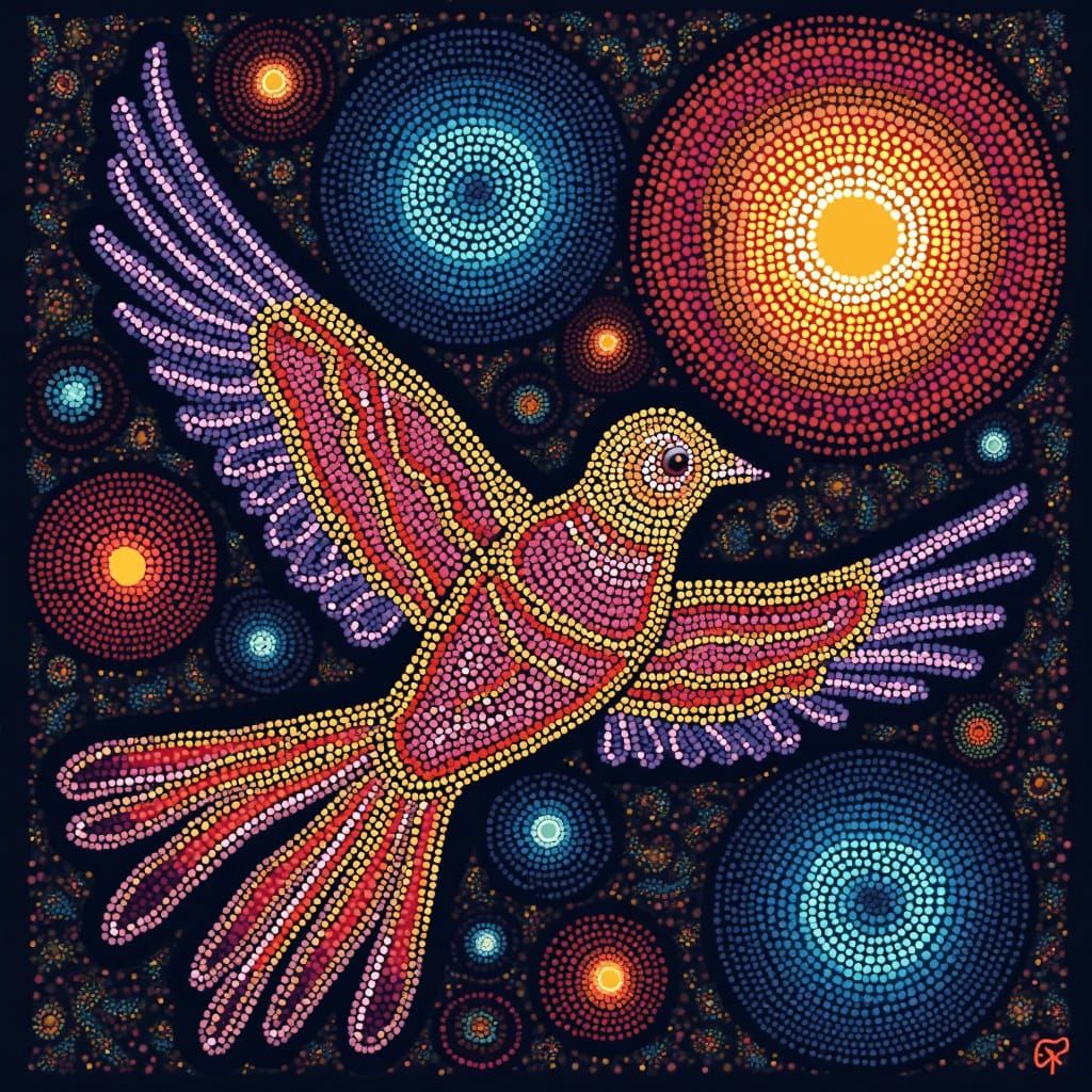 Vibrant Aboriginal Dot Art: Cosmic Vortexes & Neon Birds