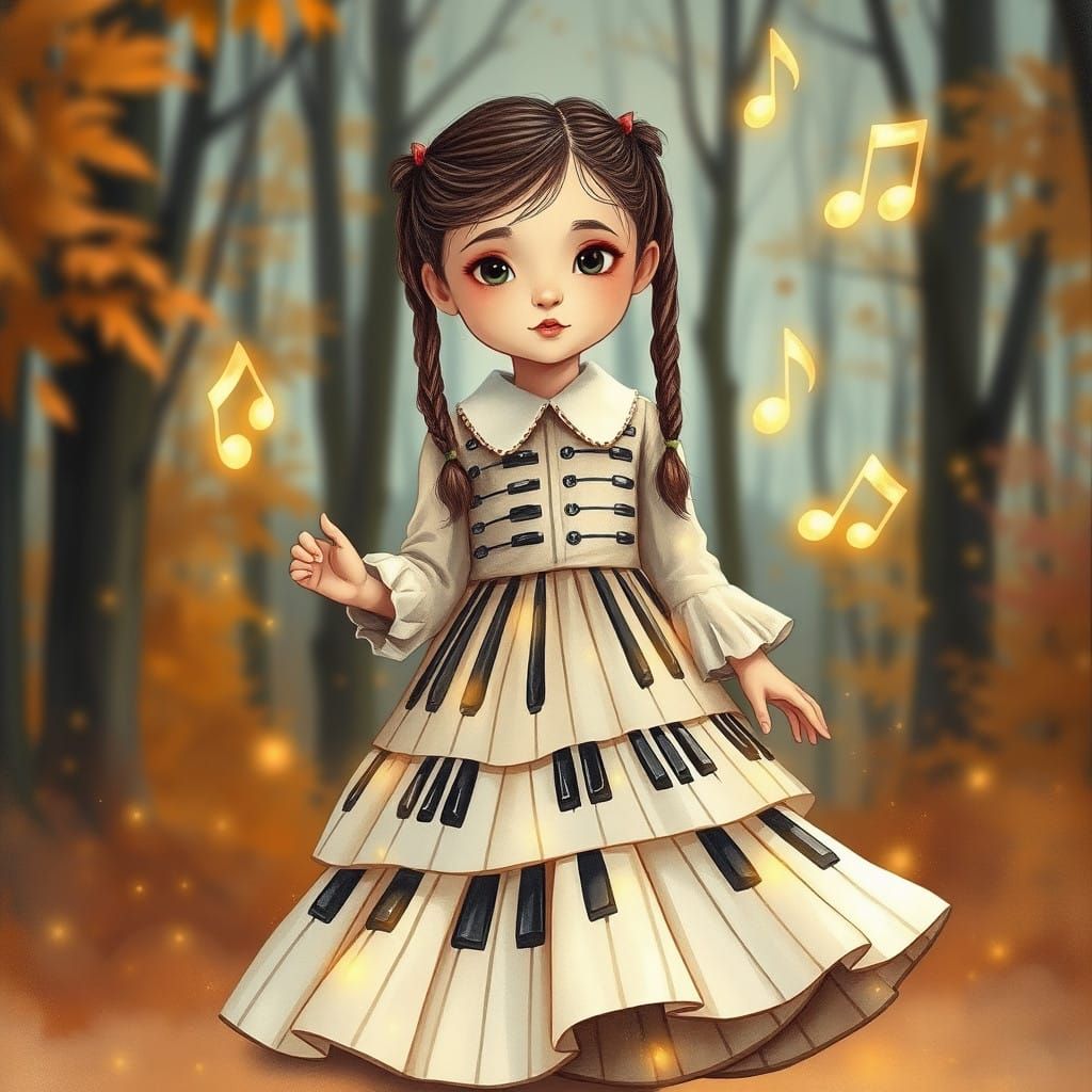 Whimsical Girl in a Spinning Piano Key Dress