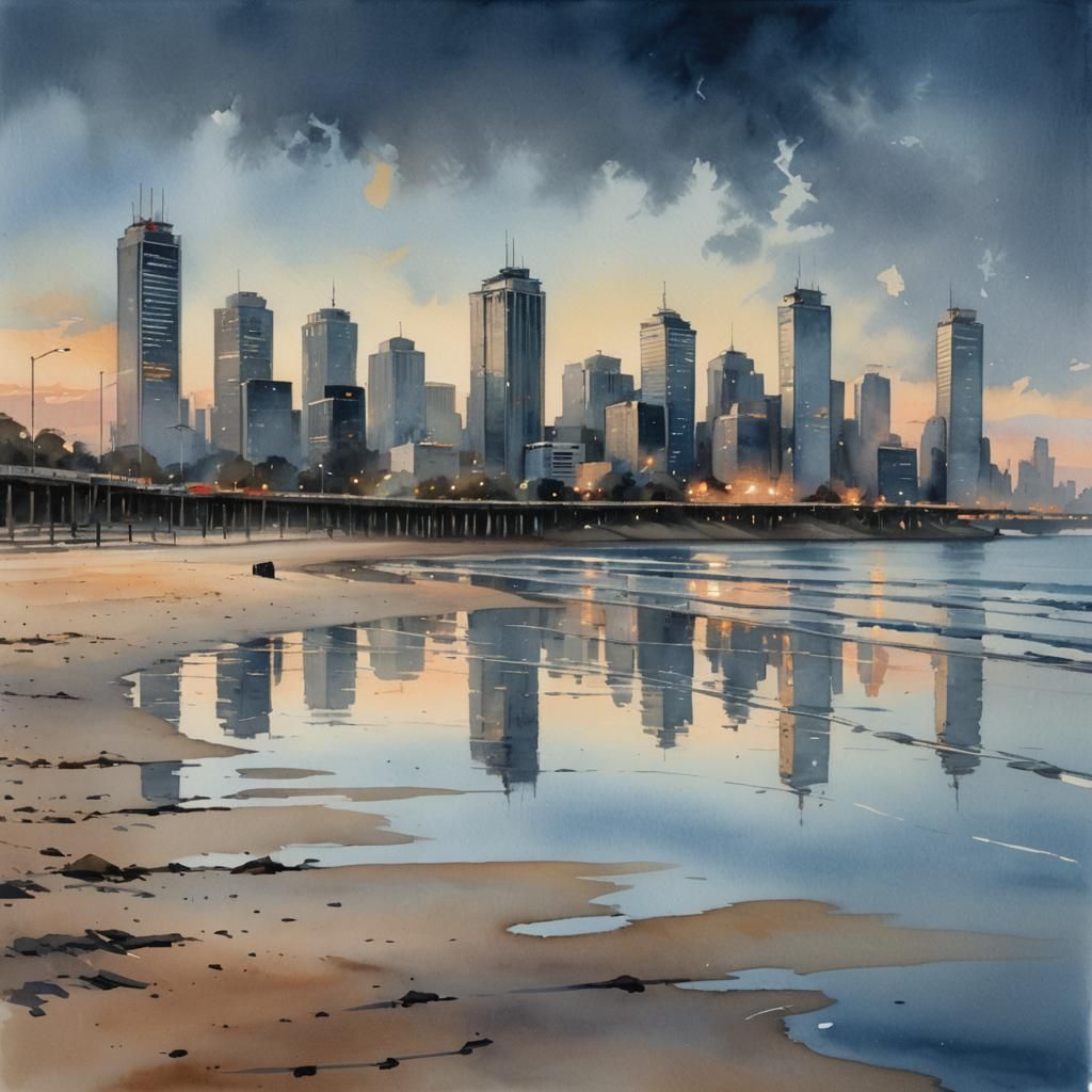 Australian Cityscape at Dawn in Tonalist Watercolor